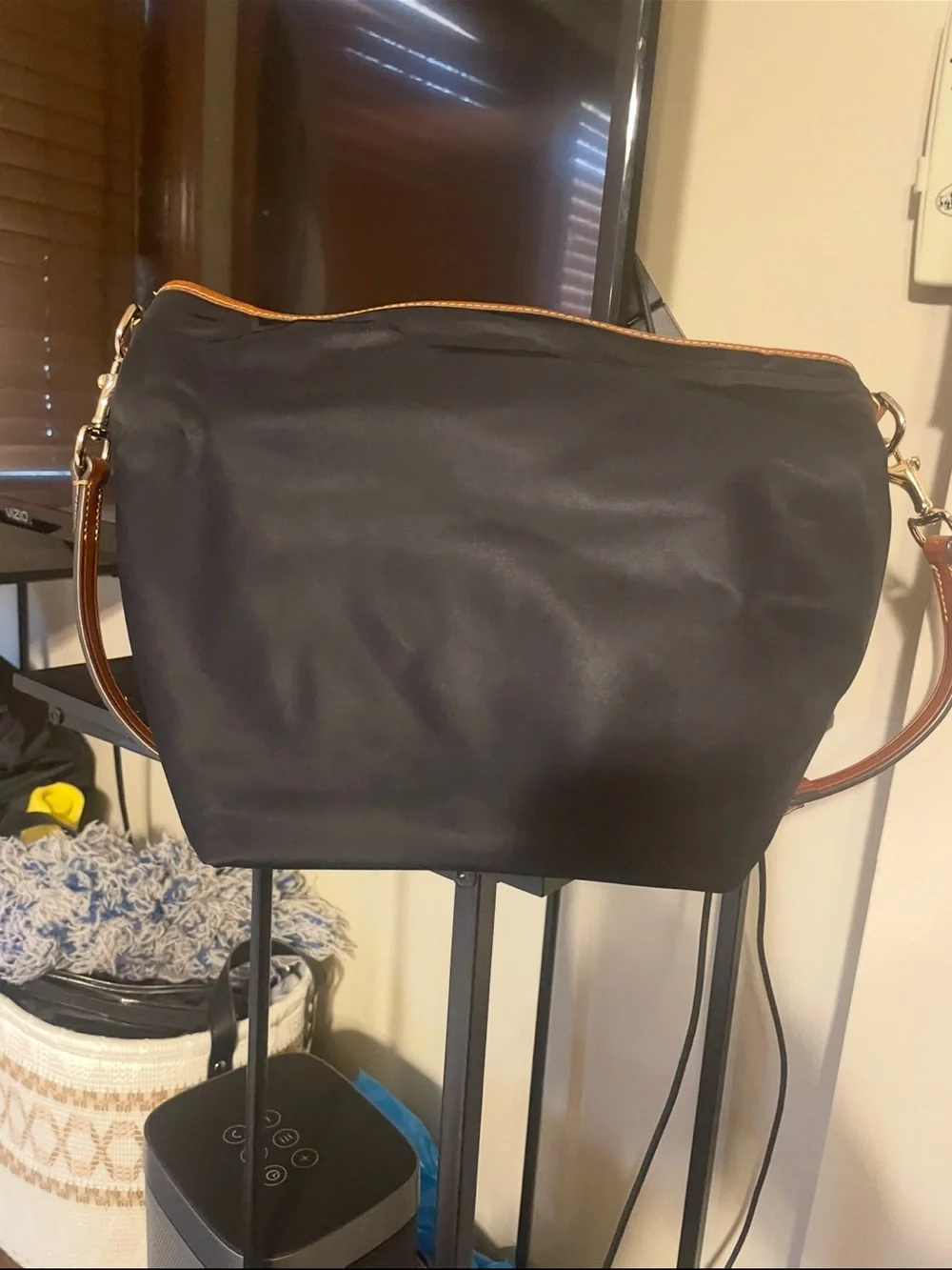 Dooney & Bourke Black Nylon Hobo with Tan Leather Trim and Red Zip